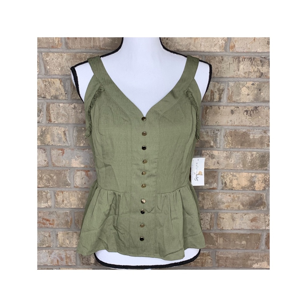 Maison Jules Crepe Ruffled Peplum Top Olive I67
